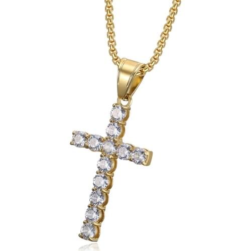 Cross Pendant & Chains For Women Men Gold Color Iced Out CZ Bling Cross Necklace Stainless Steel Female Fashion Jewely Gift