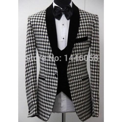 Elegant 3 Piece Suit 2018 Morning Dinner Party Prom Suit Houndstooth Groom Wedding Men Suit Blazer Slim Fit Best Man Tuxedo