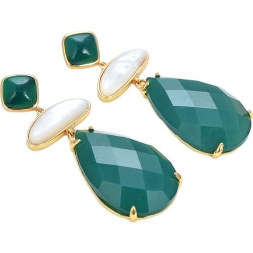 GG Jewelry Geometric Natural Green Agates Green Peruvians White Shell Gold Color Plated Stud Earrings Vintage Style For Lady