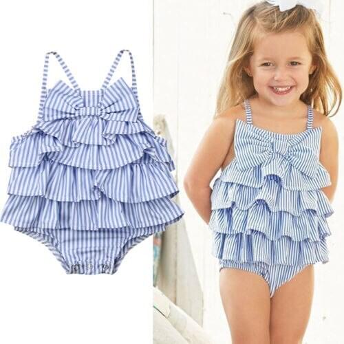 Baby Girls Striped Bow Romper Sleeveless Ruffle Backless Outfits Baby Clothing