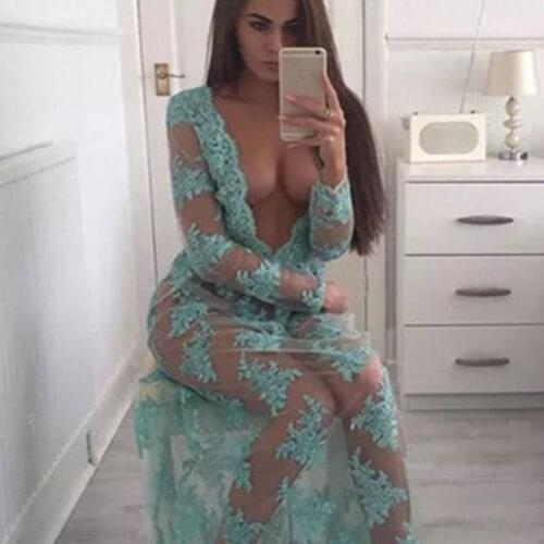Summer Women Deep V Mesh perspective Long Sleeve Embroidery Sexy Lace Evening Party Long Maxi Night Dress Nightgown Sleepwear#p3