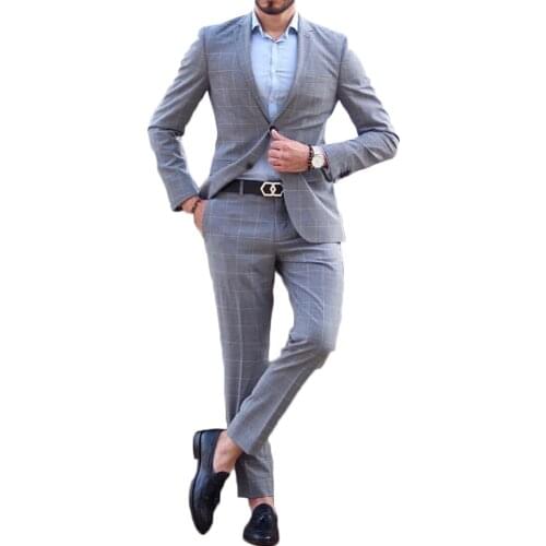 Mens Suit Custom Streetwear Skinny Fashion Design Plaid Cocktail Party Wedding Groom Best Male Coat