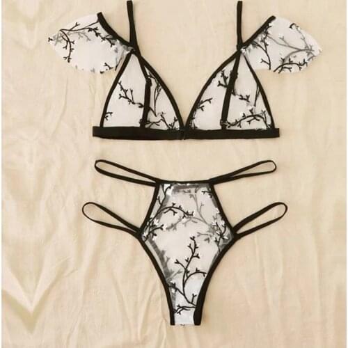 Bra set for women new sexy embroidery fashion lace underwear set underwear bandage stripe push-up top bra + pants underwear set