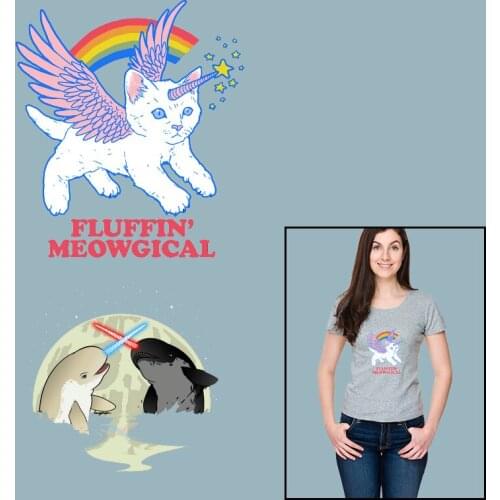 Rainbow Cat Dolphins Heat Transfer PVC Patch Vinyl Sticker For Clothes Patches for Clothing DIY T-shirt Ironing stickers