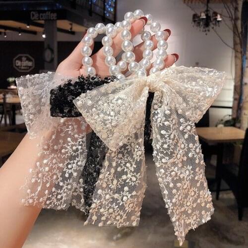 Chiffon Pearl Bow Hair Scrunchies Women Korean Floral Hair Ties Rope Rubber Bands Ponytail Holder Girls Wedding Hair Accessories