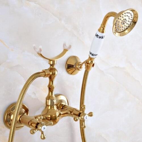 Contemporary Luxury Gold Color Brass Wall Mounted Bathtub Faucet with Handheld Shower Set +150CM Hose Mixer Tap 2na941