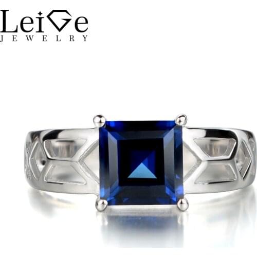 Leige Jewelry Sapphire Engagement Rings for Women Sterling Silver 925 Fine Jewelry Square Cut Blue Gemstone Solitaire Ring