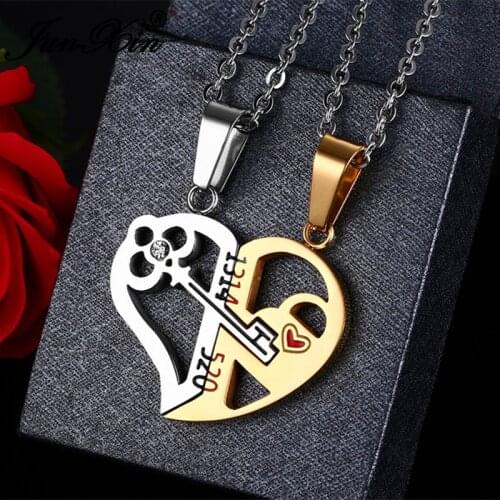JUNXIN Unique Key Detachable Half Love Heart Pendants For Women Men Stainless Steel Couples Necklaces Fashion Valentine Gifts