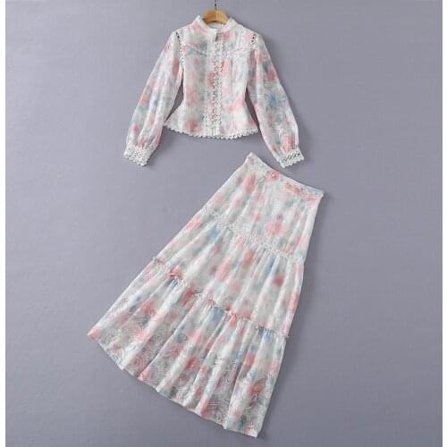 European and American womens wear for spring 2021 long-sleeved cut-out embroidered shirt Pleated skirt Fashion suits