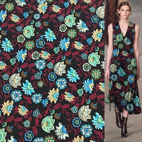 Vintage floral print on black pure silk crepe de chine silk fabric,SCDC1033