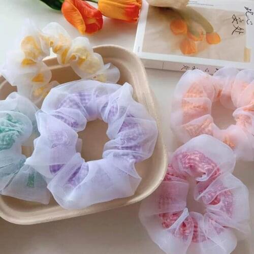 2021 Women Plaid Lace Mesh Ponytail Holder Cute Candy Color Hair Scrunchies Ring Headband Handmade Elastic Hair Accessories
