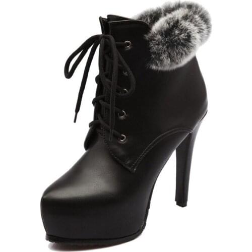 Botas mujer 2018 New Rabbit Fur Women Platform Boots High Heels Lace-Up Ankle Boots Sexy Winter Women Shoes XKD2056