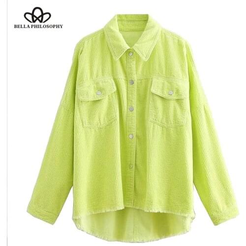 Bella philosophy autumn Women Bright Green Color Corduroy Jacket Loose Single Breasted Coat Fashion Button Down Tassel Jacket