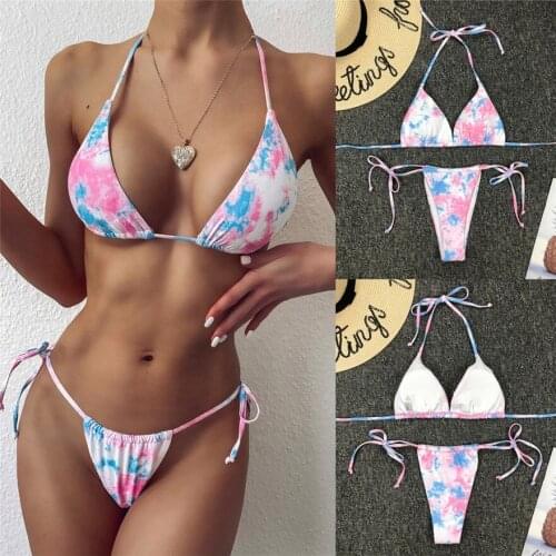 Womens Super Sexy Bandage Tie-Dye Sexy Halter Bikini Split Swimsuit High Cut Leg Sling Bikini Set Two Piece Swimsuit Fast Shipp