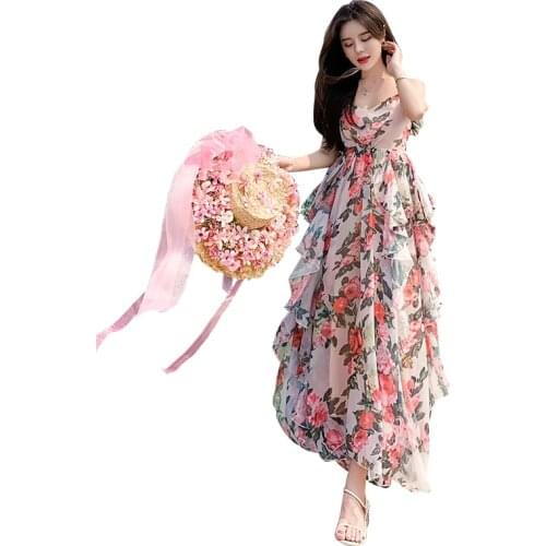 2020 Brand New Women Floral Dress Spaghetti Strap Backless Ruffles Long Dress Romantic Boho Dress Party Dresses Vestidos