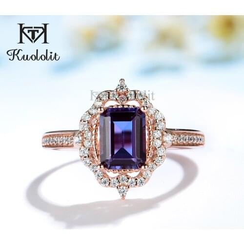 Kuololit 585 rose gold 2CT Lab Grown Alexandrite Gemstone Ring for Women 925 Sterling Silver Emerald Cut Ring for Christmas Gift