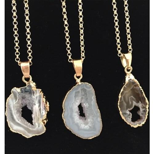 Coated Crystal Geode Plating Drusy Pendant for Women Hand-Wrapped for Jewelry with Hole Gold-Plating with Bezel