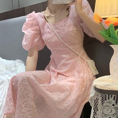 Pink Pure Collor Dresses Summer 2021 Ladies French Vintage Sweet Midi Dress Women Korean Style Evening Party Dress Female Chic