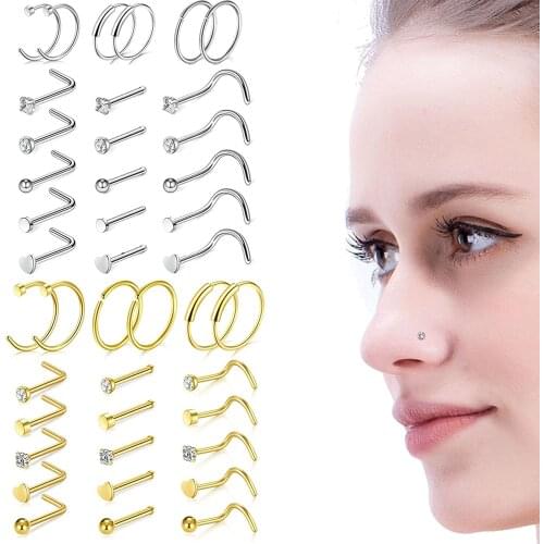 21pcs/lot Stainless Steel Nose Piercing CZ Crystal Heart Ball Nose Studs Retainer Pin L/C Shape Nostril Piercings Body Jewelry