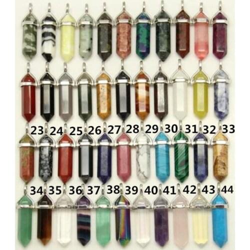 44 stones for choice,10pcs/lot 12x40mm Plated Silvery Bails Hexagon Point Pendants,Faceted Double Stick Loose Beads Necklace