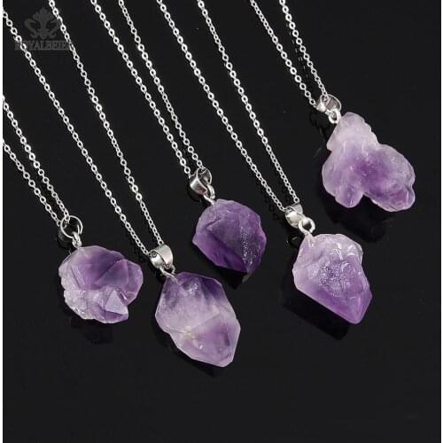 5PCs Natural Stone Pendant Stainless Steel Necklace Amethysts Crystal Irregular Shape Semi-precious Chakra Reiki Raw Ore jewelry