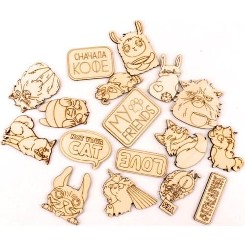 Handmade Wooden Crafts Accessories Home Decoration Scrapbookings Painting DIY Mix Letters Animals Wood Ornaments 40mm 17pcs