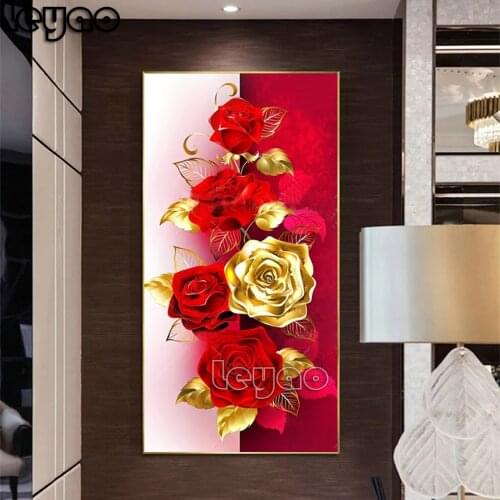 Full drill square diamond painting Golden rose red rose flower art 3d pictures of rhinestone embroidery cross stitch decor large
