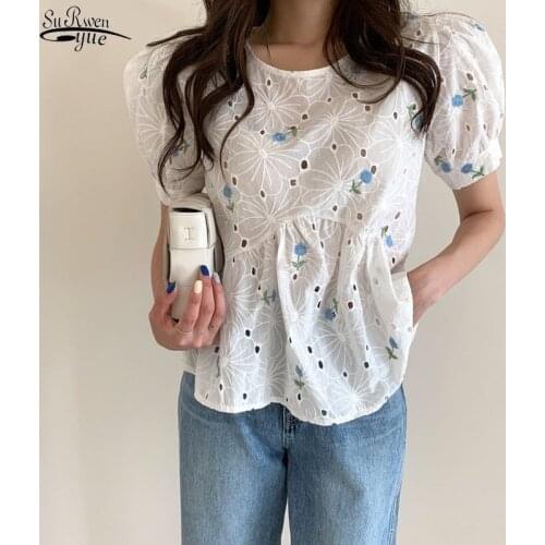 Hollow Out Women Blouse Chic Stylish Embroidered Hook-up Short Sleeve Shirt Women Vintage Shirts Fashion Women Blouses 13650