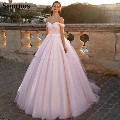 Sumnus Pink Ball Gown Wedding Dresses 2021 Off Shoulder Tulle Boho Bridal Gown Plus Size Wedding Party Wear For Women