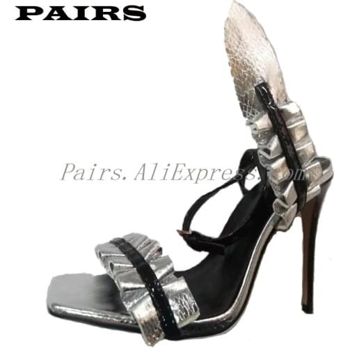 Luxury Shoes Women Designers Elegant Fashion 10cm High Thin Heel Open Toe Sandals Silver Patent Leather Footwear Plus Size 43