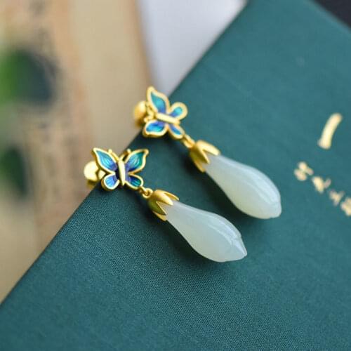 Designers unique creative enamel porcelain Hetian magnolia butterfly earrings delicate and elegant charm ladies silver jewelry