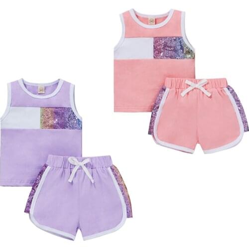 FOCUSNORM 1-6Y Summer Causal Kids Girls Clothes Sets Sequined Patchwork Sleeveless Vest Tops Elastic Shorts
