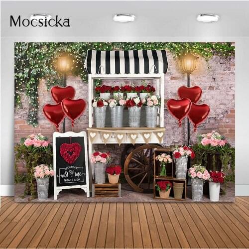 Rose Flowers cart Photography Backdrop Valentines Day Kids Birthday Portrait Stand Background Wild Rose Flower Shop Photocall