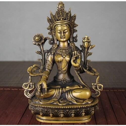 China Tibet Buddhism old bronze Gilt Green Tara Tibetan Buddha Guanyin Statue