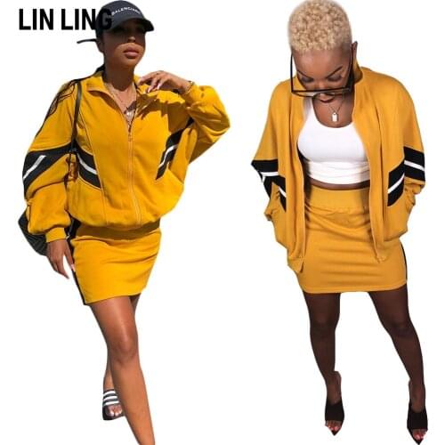 LINLIING Splicing Simple Atmosphere Leisure Sports Two Piece Long Sleeve Jacket Short Skirt Suit