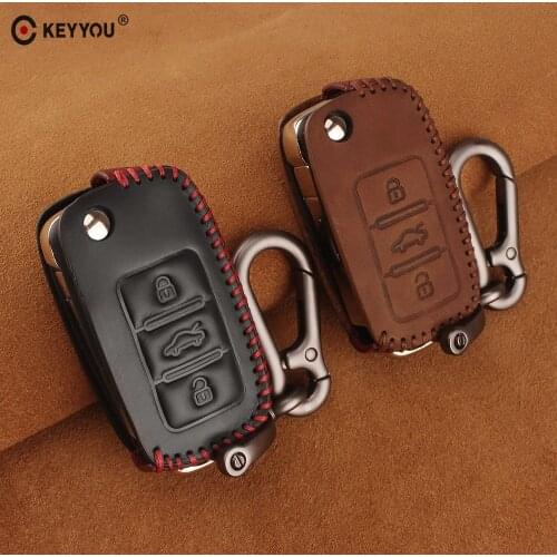 KEYYOU 3BT Leather Flip Car Key Case Cover Fob for VW Volkswagen polo passat golf 4 5 6 jetta tiguan Gol Plus Remote Key Portect