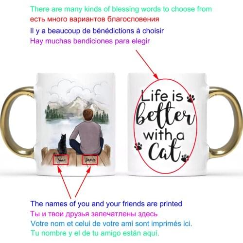 Creative Gold handle DIY mug Man and cat Drinkware Personalized Mug Custom Made Coffee Cups Gift for Family