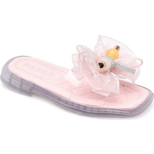 Girls Slippers Summer 2021 Rhinestone Non-slip Outer Wear Soft Bottom Sandals Bow-knot Flats Flowers Causal Girls Shoes Sweet
