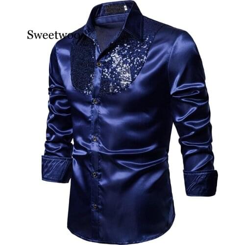 Sequin Dress Shirts Men Long Sleeve Satin Shiny Disco Party Shirt Men Stage Dance Men top Nightclub Prom Costume new