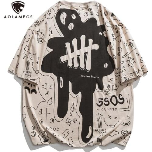 Aolamegs Oversized T-shirt Pattern Print Japanese Harajuku Mens T-Shirts Summer Tee Shirts For Men All-match Streetwear Couple