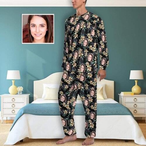 Custom Face Plant Flowers Mens Pajamas Long Sleeve Set Suit Family Clothes Home Look Tie Dye Design Personalized Indoor Soft