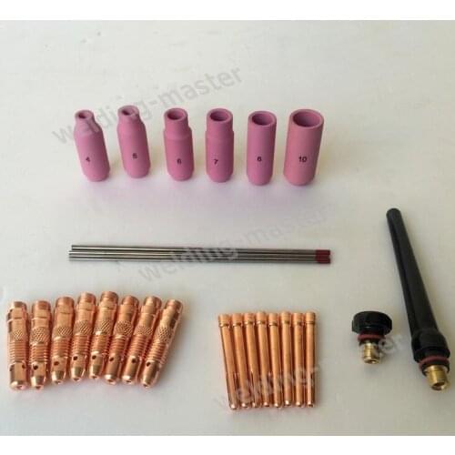 Tig Welding Torch Tig Torch Consumables Tungsten Electrode Nozzle Collet Body Kit for WP-17 WP-18 WP-26 28 pcs
