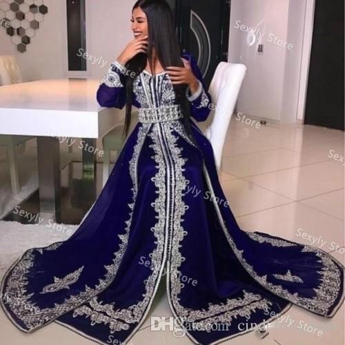 Dark Royal Blue Kaftan Muslim Evening Dresses 2021 Appliques Arabic Prom Dress Long Sleeve Algerian Moroccan Abaya Formal Dress