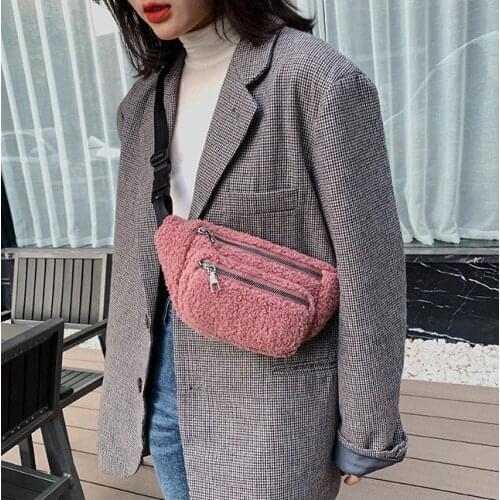 Women Fanny Pack Solid Color Soft Fleece Waist Belt Bag Crossbody Purse with Adjustable Strap 2020 Girls Cute Fanny Chest Pack
