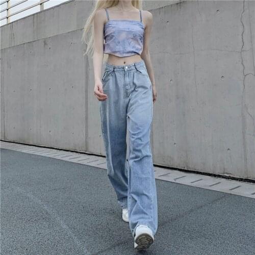 Women Jeans Low Waist Mom Fit Straight Loose Wide Leg Gradient Light Blue Baggy Jean 2021 Summer New Casual Denim Pants Female