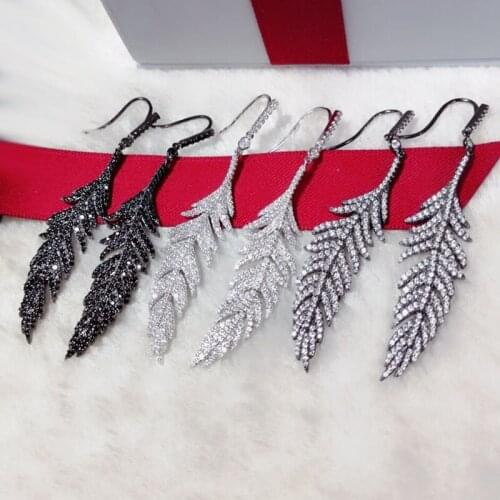 SLJELY High Quality Real Pure 925 Sterling Silver Black Gold 4 Colors Feather Earrings Paved Cubic Zirconia Stones Women Jewelry
