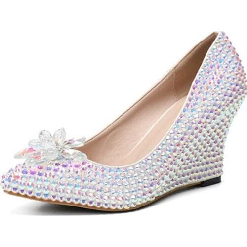 Women Pumps Stilettos Ladies Shoes Sequined Cloth Slip On 8CM Wedges High Heels Pointed Toe Dress Party Wedding shoes women