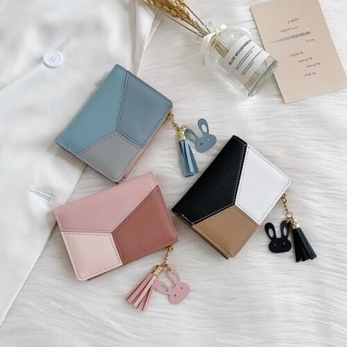 1PCs Tassel Wallet Women Small Cute Short Wallet Patchwork Credit Bank Card Holder Wallets Zipper Purses Female Coin Purse