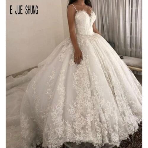 E JUE SHUNG White Romantic Ball Gown Wedding Dresses Spaghetti Straps Lace Up Back Wedding Gowns Appliques Boho Vestido de Novia
