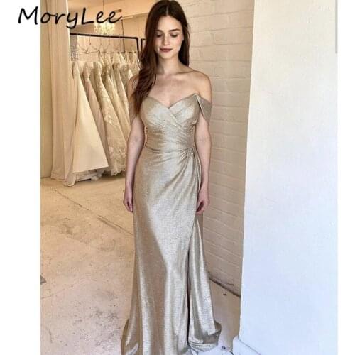 Gold Bridesmaid Dresses V-Neck A-Line Floor Length Sweep Train Side Slit Satin Pleated Wedding Party Bridemaid Dresses